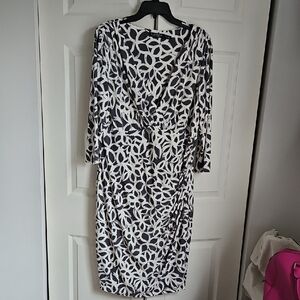 Black & White Floral Loop Faux-Wrap Midi Dress